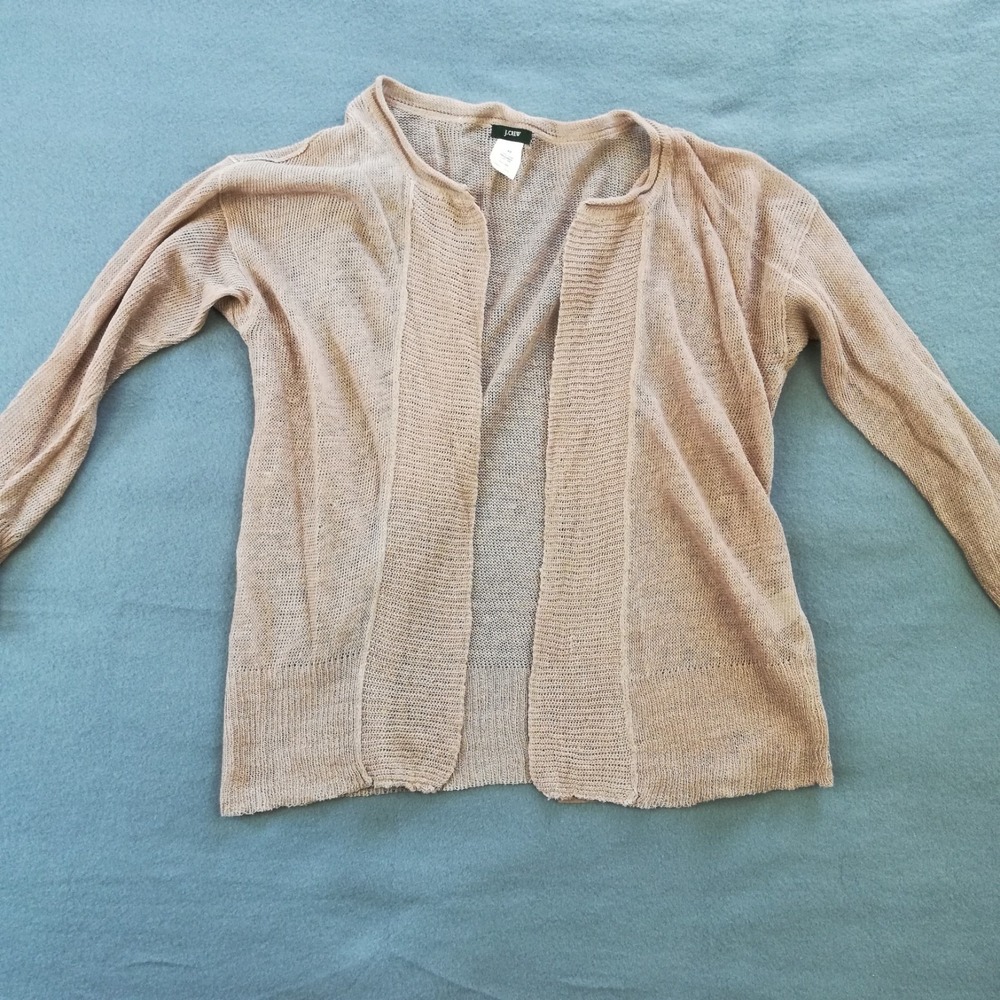 J. Crew Womens Sweater Cardigan 100% Linen Champagne Silk Trim Open Front XS